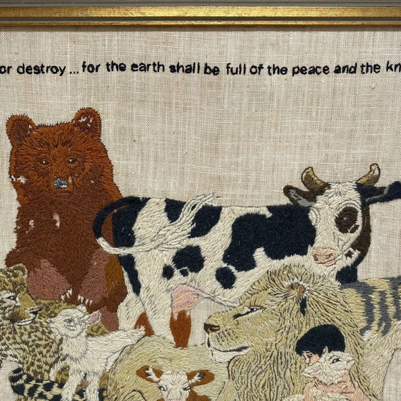 Vtg Framed Crewel Wall Hanging Isaiah 11:6-7 Biblical Large Finished Embroidery - Picture 7 of 16